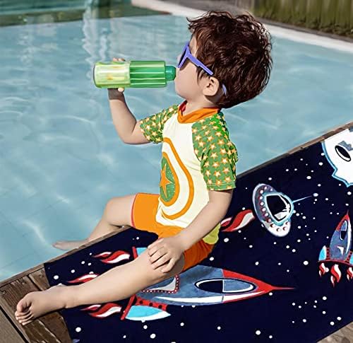 YIFONTIN Kids Beach Towel Velour Terry Blanket Throw 100% Cotton 24X48 inches for Swimming Bath Travel Sports Holiday Camping and Picnic, Navy Spaceship Rocket.
