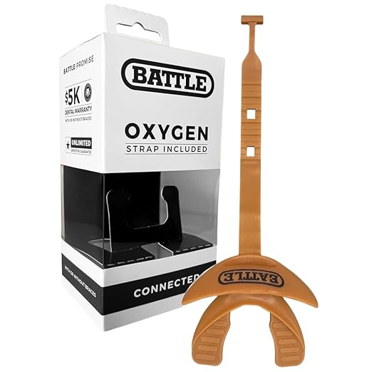 Battle Oxygen Lip Protector Mouth Guard with Connected Strap, Football and Sports Gear, Maximum Oxygen Supply, Mouthpiece Fits With or Without Braces - One Size, Vegas Gold