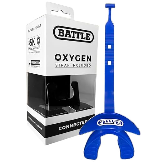 Battle Oxygen Lip Protector Mouth Guard with Connected Strap, Football and Sports Gear, Maximum Oxygen Supply, Mouthpiece Fits With or Without Braces - One Size, Royal Blue