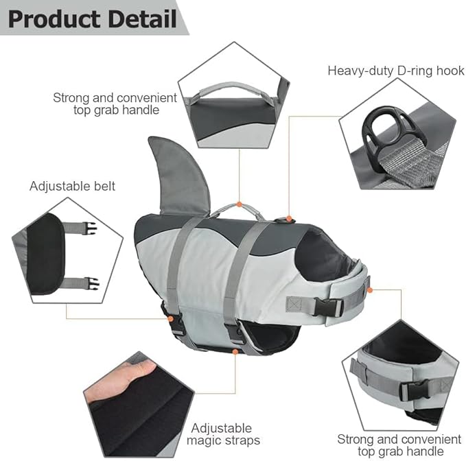 Dog Shark Life Jacket, Dog Life Vest for Swimming Adjustable Pet Life Preserver with Rescue Handle