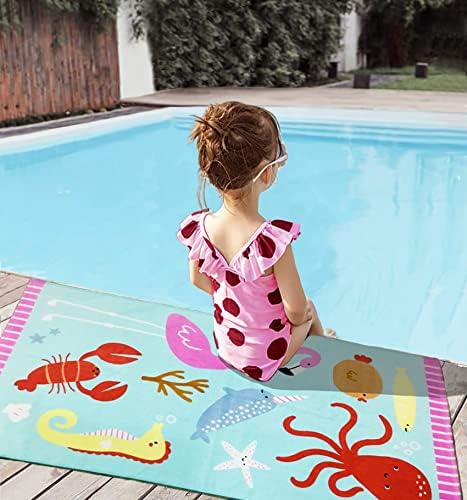 YIFONTIN Beach Towel for Kids Velour Terry Blanket Throw 100% Cotton 25.5X51 inches for Swimming Bath Travel Camping and Picnic, Flamingo Lobster Octopus.