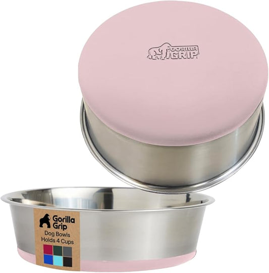 GORILLA GRIP Dog Bowls, Heavy Duty 304 Stainless Steel, Holds 4 Cups Each (32 fl oz) Food and Water Bowl for Feeding Dogs and Cats, Dishwasher Safe, Rust Resistant, BPA Free Rubber Base Set of 2 Pink