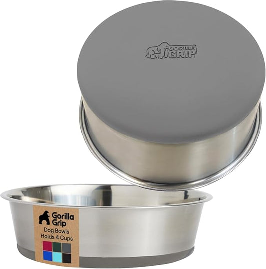 GORILLA GRIP Dog Bowls, Heavy Duty 304 Stainless Steel, Holds 4 Cups Each (32 fl oz) Food and Water Bowl for Feeding Dogs and Cats, Dishwasher Safe, Rust Resistant, BPA Free Rubber Base Set of 2 Gray