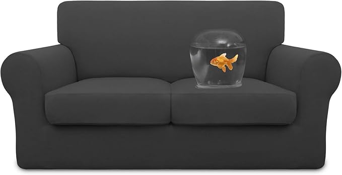 Easy-Going 100% Dual Waterproof 3 Pieces Loveseat Cover Stretch Soft Couch Cover for Dogs, Sofa Slipcover for 2 Separate Cushion Couch Leakproof Furniture Protector for Kids, Pets Dark Gray