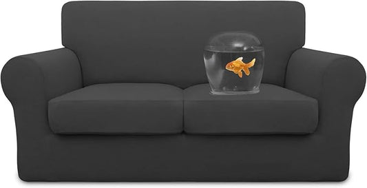 Easy-Going 100% Dual Waterproof 3 Pieces Loveseat Cover Stretch Soft Couch Cover for Dogs, Sofa Slipcover for 2 Separate Cushion Couch Leakproof Furniture Protector for Kids, Pets Dark Gray