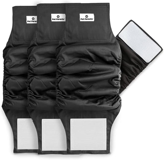 Pet Parents® Washable Belly Bands for Male Dogs (3pack) + Extendrs® of Durable Dog Diapers Male, Premium Male Dog Diapers & Dog Wraps (Medium, Black)