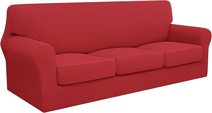 Easy-Going 100% Dual Waterproof 4 Pieces Oversized Cover Stretch Soft Couch Cover for Dogs, Sofa Slipcover for 3 Separate Cushion Couch Leakproof Furniture Protector for Kids Christmas Red