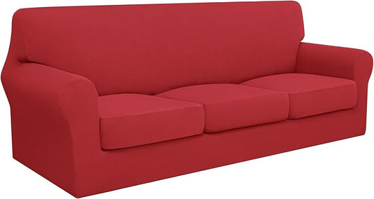 Easy-Going 100% Dual Waterproof 4 Pieces Oversized Cover Stretch Soft Couch Cover for Dogs, Sofa Slipcover for 3 Separate Cushion Couch Leakproof Furniture Protector for Kids Christmas Red