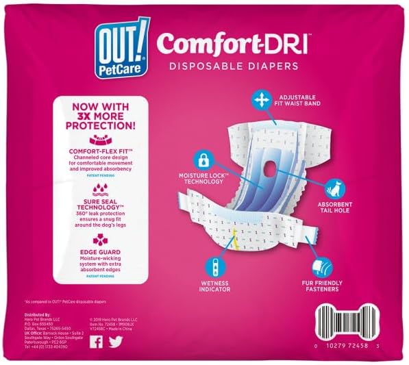 Out! PetCare Disposable Dog Diapers Female, Potty Training, Dog Diapers, Female Doggie in Heat, Puppy Training, Incontinence, Puppy Essentials 18”-25” Waist (M/L, 32ct)