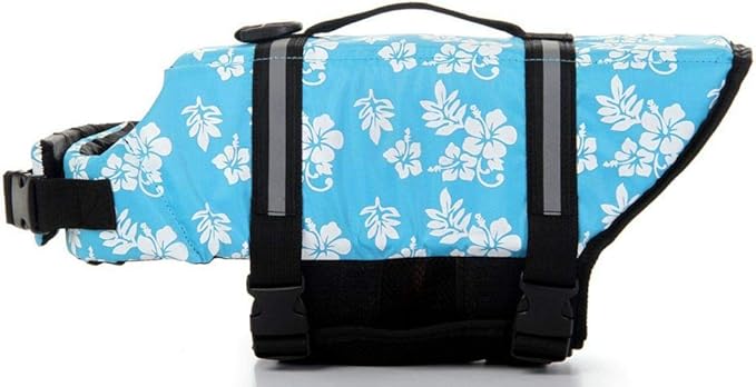 ChezAbbey Dog Life Jacket Adjustable Dog Lifevest Swimsuit Safety Vest Apparel Lifesaver Coat for Small Large Cats Puppy Kitty with Handle Reflective for Swimming and Boating Blue Flower M