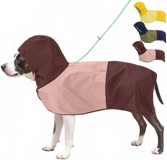 Waterproof Dog Raincoat with Hood, Extended Coverage Rain Jacket for Large Dogs, Wind-Resistant Secure Fit with Leg Straps, Reflective, Leash Hole, Easy Hook & Loop Fastener On/Off, Pink, L