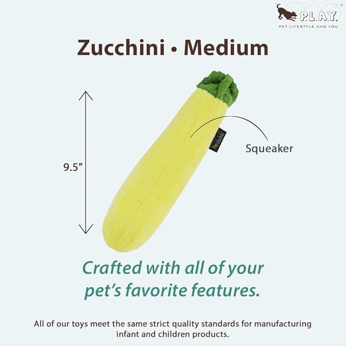 P.L.A.Y. Cute Plush Dog Toys - Fruit & Vegetable Themed Durable Squeaker Chew Toy, Great for Puppies & Small, Medium, Large Dogs - Machine Washable, Recycled Materials (Garden Fresh Zucchini, Medium)
