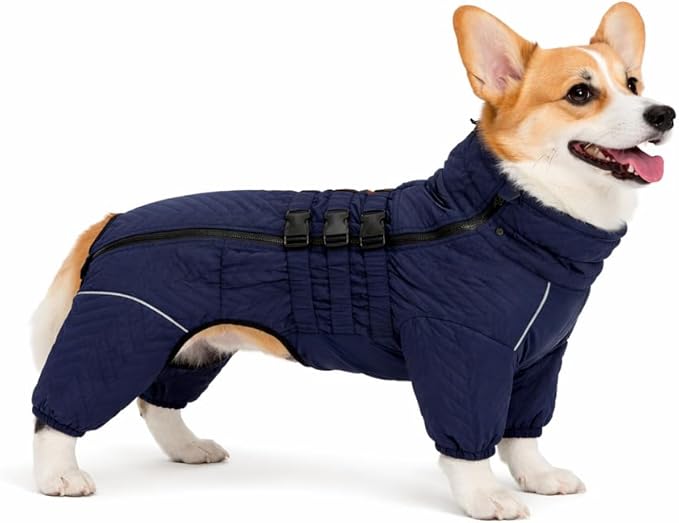 Lovelonglong Warm Dog Coat Double Layers Dog Vest, 4 Legs Covered Windproof Waterproof Reflective Warm Dog Vest Outdoor Skating Dog Costume for Corgis Dachshund Dog Navyblue D-M