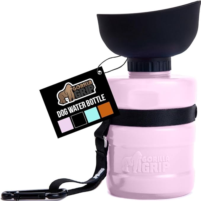 GORILLA GRIP Dog Water Bottle, Portable Water Bowl Dispenser for Dogs, 16 oz Leak Proof Pet Travel Squeeze Bottles, Food Grade Silicone, to Go Puppy Essentials, Hiking Camping Trip Accessories, Pink