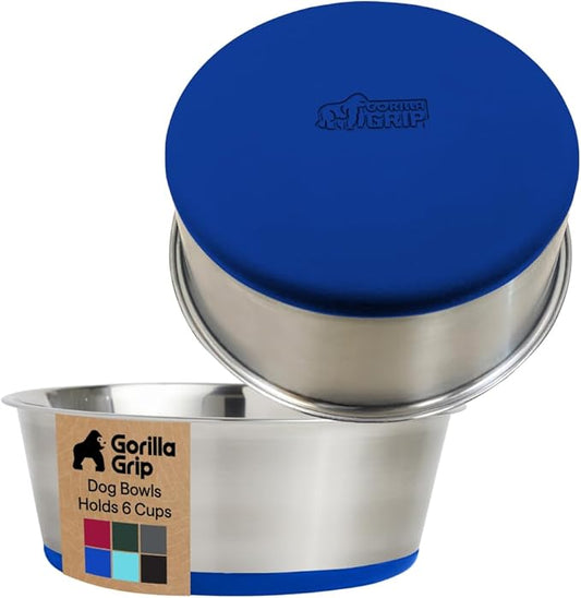 GORILLA GRIP Dog Bowls, Heavy Duty 304 Stainless Steel, Holds 6 Cups Each (48 fl oz) Food and Water Bowl for Feeding Dogs and Cats, Dishwasher Safe, Rust Resistant, BPA Free Rubber Base Set of 2 Blue