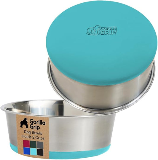 GORILLA GRIP Dog Bowls, Heavy Duty 304 Stainless Steel Holds 2 Cups Each (16 fl oz) Food and Water Bowl for Feeding Dogs and Cats Dishwasher Safe Rust Resistant BPA Free Rubber Base Set of 2 Turquoise