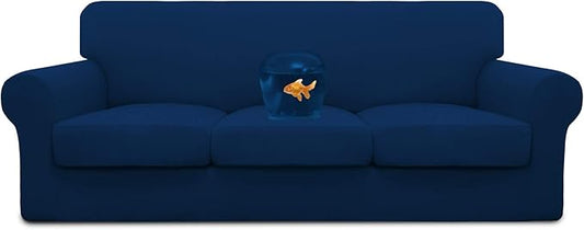 Easy-Going 100% Dual Waterproof 4 Pieces Oversized Cover Stretch Soft Couch Cover for Dogs, Sofa Slipcover for 3 Separate Cushion Couch Leakproof Furniture Protector for Kids, Pets Navy