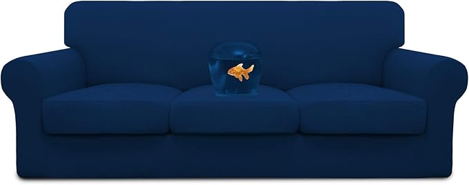 Easy-Going 100% Dual Waterproof 4 Pieces Stretch Soft Couch Cover for Dogs, Sofa Slipcover for 3 Separate Cushion Couch Leakproof Furniture Protector for Kids, Pets Navy