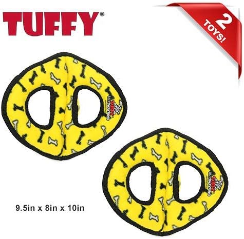 TUFFY- World's Tuffest Soft Dog Toy-Ultimate 3Way Ring -Squeakers -Multiple Layers. Made Durable, Strong & Tough. Interactive Play (Tug, Toss & Fetch). Machine Washable & Floats. (Yellow Bone 2 Pack)