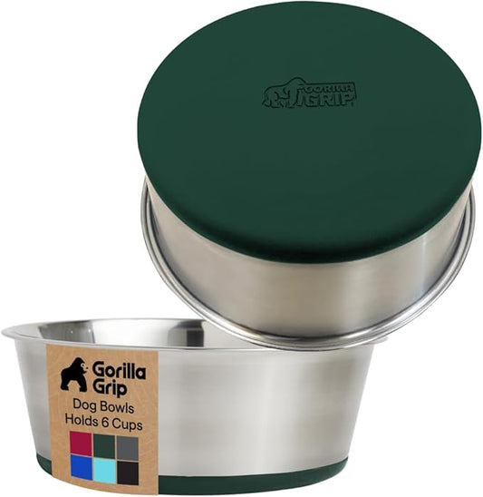 GORILLA GRIP Dog Bowls, Heavy Duty 304 Stainless Steel, Holds 6 Cups Each (48 fl oz) Food and Water Bowl for Feeding Dogs and Cats, Dishwasher Safe, Rust Resistant, BPA Free Rubber Base Set of 2 Green