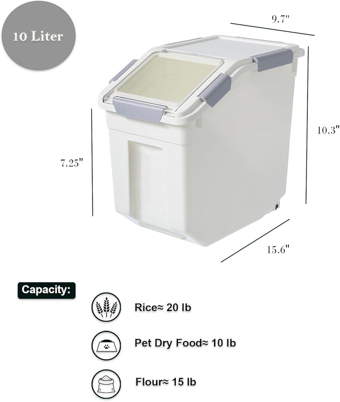 HANAMYA 10 Liter / 10 lbs Pet Food Storage Container with Measuring Cup, BPA free, For Dog Food | Cat Food | Rice | Grain | Flour, White & Gray, 1 count