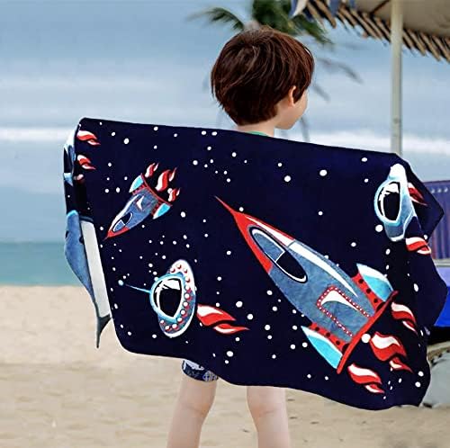 YIFONTIN Kids Beach Towel Velour Terry Blanket Throw 100% Cotton 24X48 inches for Swimming Bath Travel Sports Holiday Camping and Picnic, Navy Spaceship Rocket.