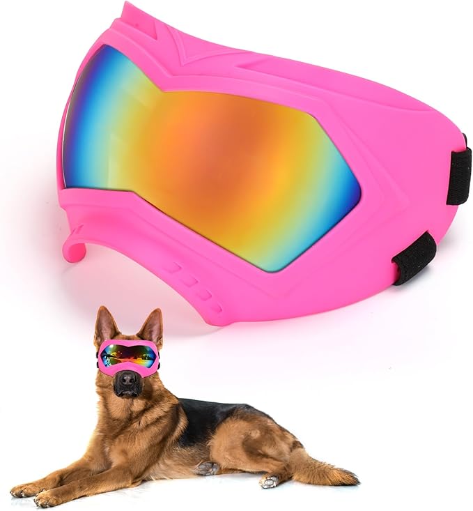 Large Dog Sunglasses Dog Goggles Pet Glasses Pet Eyewear with Adjustable Strap, Glasses for Medium Large Dog Swimming Skating Glasses Windproof Dustproof UV Proof (Pink-Colorful)