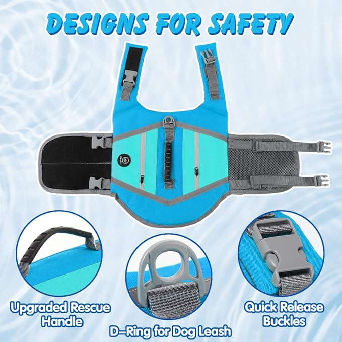 EMUST Dog Life Jackets, Durable Dog Life Jackets for Swimming, Boating with High Visibility, Stylish Dog Swimsuit with D-Ring for Dog Leash for Swimming, Boating, Kayaking, Blue, XL