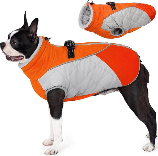 AOFITEE Dog Coat, Dog Winter Coat, Reflective Small Dogs Jacket with Harness Built in and Fleece Lined, Waterproof Pet Winter Jacket Warm Snowsuit for Small Medium Large Dogs, Orange S