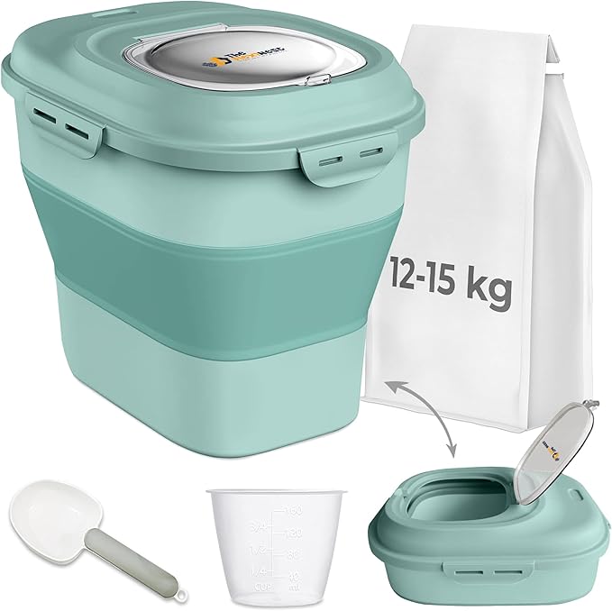 Dog Food Storage Container 30-35 lb, Airtight Collapsible Cute Dog Food Container with Wheels & Scoop, Stackable Pet Food Storage Container for Dog & Cat Food (Green)