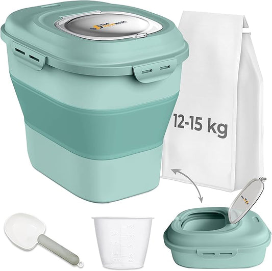 Dog Food Storage Container 30-35 lb, Airtight Collapsible Cute Dog Food Container with Wheels & Scoop, Stackable Pet Food Storage Container for Dog & Cat Food (Green)