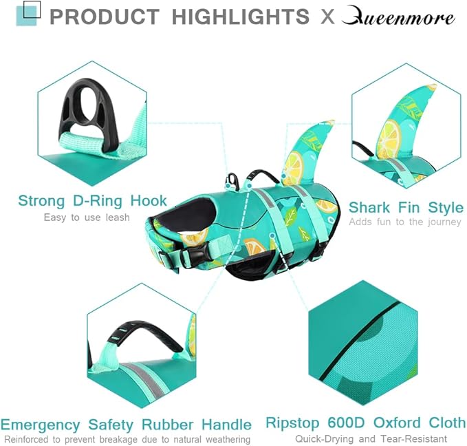 Queenmore Dog Shark Life Jacket with Rescue Handle - Adjustable Reflective Dog Life Preserver for Large Dogs, Green Print XL