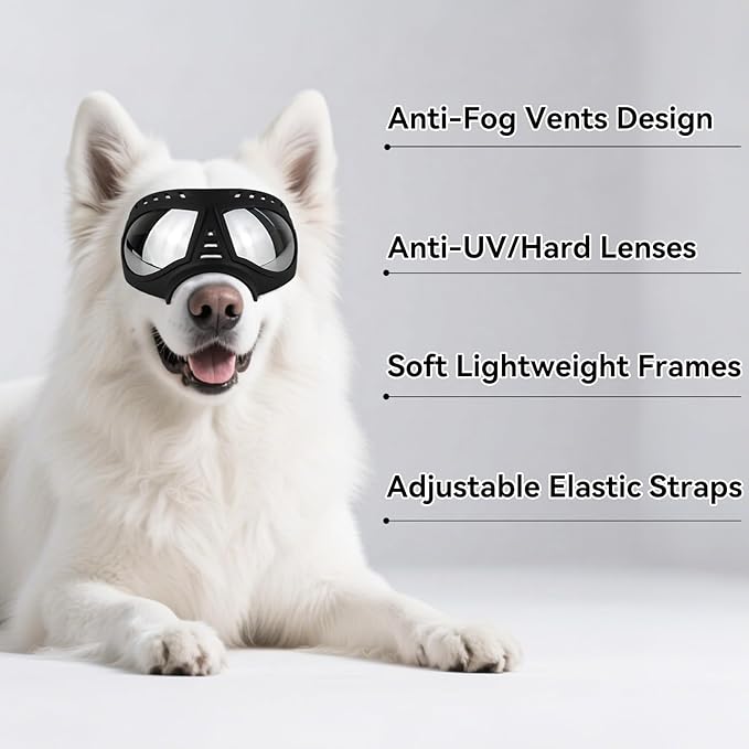 PETLESO Large Dog Goggles, Windproof Snowproof Anti-UV Dog Sunglasses for Medium to Large Breed Eye Protection, Soft Frame with Adjustable Straps, Black