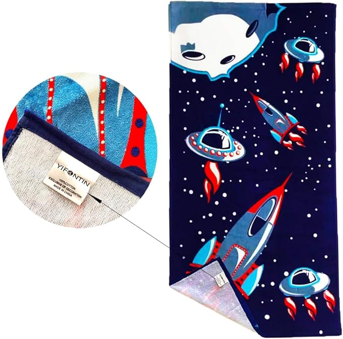 YIFONTIN Kids Beach Towel Velour Terry Blanket Throw 100% Cotton 24X48 inches for Swimming Bath Travel Sports Holiday Camping and Picnic, Navy Spaceship Rocket.