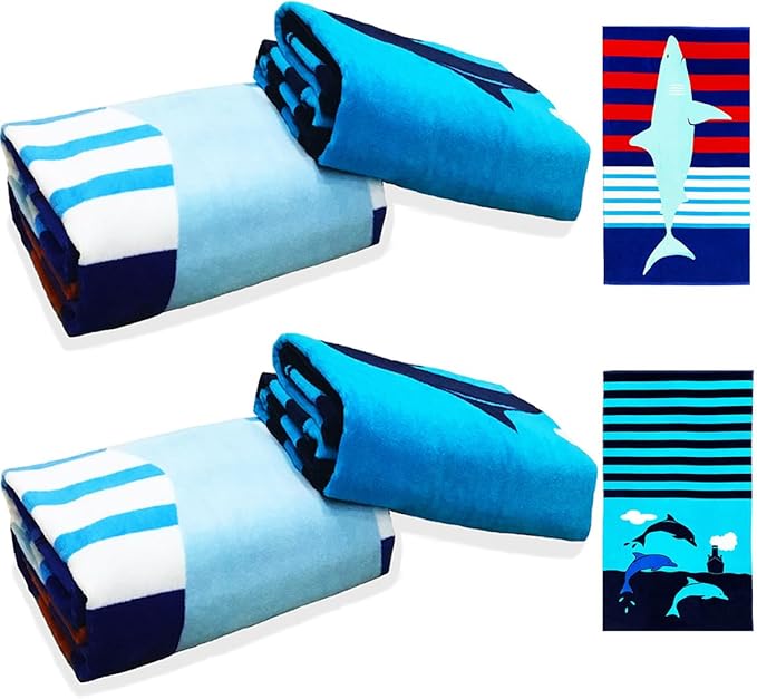 YIFONTIN 4-Pack Beach Towels 100% Cotton Extra Large XL 34"x63" Soft Absorbent Velour Throw Blanket Gift for Bath Holiday Swimming Pool Sports Camping Picnic Yoga, Dolphin Shark Vessel.