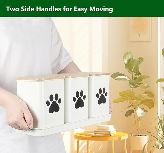 Set of 3 Metal Dog Treat Jars,60oz Airtight Dog Treat Container with Bamboo Lids,Cat Treat Canister,Puppy Cookie Container for Kitchen Counter,Coated Galvanized Steel-White