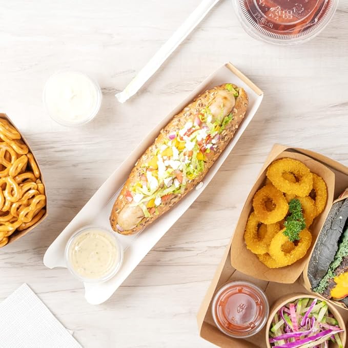 Restaurantware-Bio Tek 11.8 x 2 x 1.3 Inch Hot Dog Trays Pak of 200 Open-Design Hot Dog Containers - 3-Walled, Greaseproof, Recyclable, Disposable, Kraft Paper Serving Trays For Food Trucks
