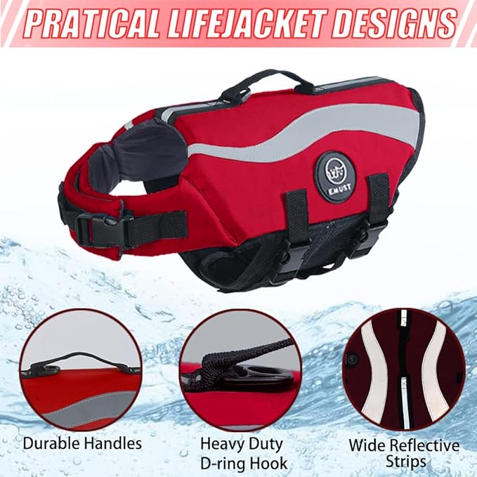 EMUST Dog Life Vests, Adjustable Dog Life Jackets for Small Dogs with Enhanced Buoyancy, Small Swim Vest with Durable Rescue Handle, Red,XS