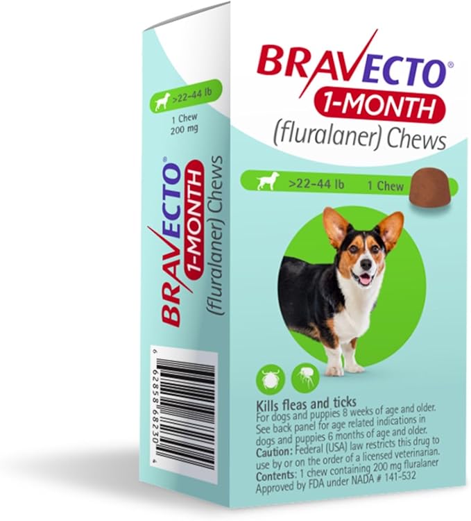 BRAVECTO 1-Month Flea & Tick Chew for Puppies, 1 Chew, 1 Month Supply, >22-44 lbs., Green Box