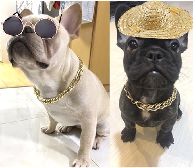 6 Pieces Pets Dog Cat Bowtie Pet Sunglasses and Summer Pet Straw Hat with Faux Gold Chain Pet Costume Adjustable Formal Necktie Collar for Cats Small Dogs Puppy Grooming Accessories