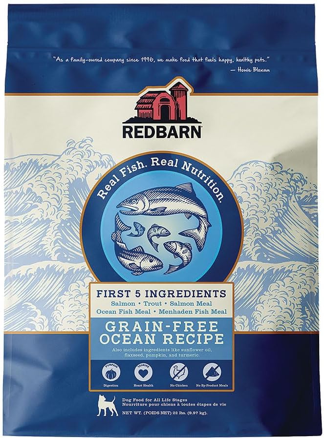 Redbarn Grain-Free Adult Dry Dog Food Kibble - Ocean Fish Recipe - Made in USA No Chicken Recipe with Functional Ingredients to Support Healthy Heart, Skin, Coat, Immunity & Digestion - 22lb