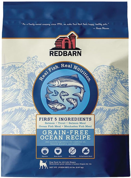 Redbarn Grain-Free Adult Dry Dog Food Kibble - Ocean Fish Recipe - Made in USA No Chicken Recipe with Functional Ingredients to Support Healthy Heart, Skin, Coat, Immunity & Digestion - 22lb