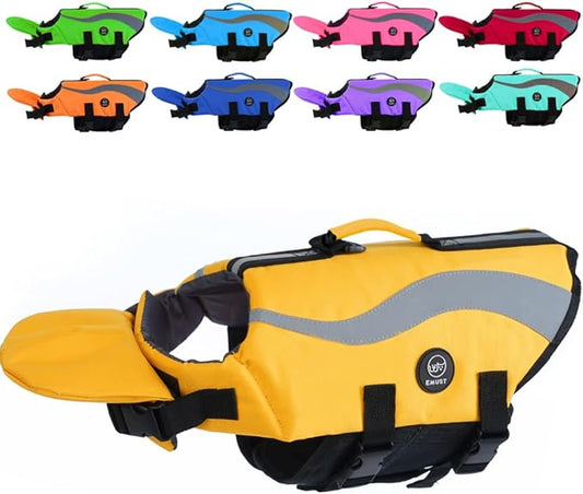 EMUST Dog Flotation Vest, Reflective Life Jacket for Small Dogs with Rescue Handle, Small Dog Vests Lifesaver for Swimming Boating Water with Front Neck Float, Yellow,S