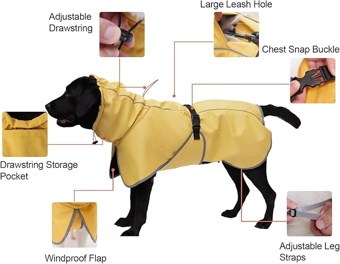 DELIFUR Medium Dog Raincoat Waterproof - Adjustable Dog Poncho Raincoat Lightweight Rain Jacket with Soft Lining for Medium Dog Yellow (Medium)