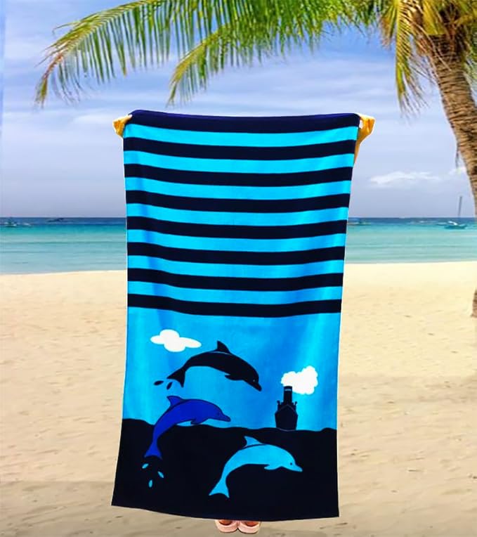 YIFONTIN 2 Pieces Beach Towels Velvet Terry Blanket Throw Soft Water Absorption Extra Large XL 34x63 inches 100% Cotton for Bath Swimming Travel Camping and Picnic, Dolphin Vessel.