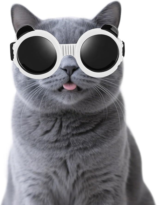 Enjoying Cat Goggles, Cat Sunglasses UV Protection, Pet Goggles for Cats XS to Small Dogs, Outdoor Kitty Puppy Eye Protection, Adjustable Straps, White