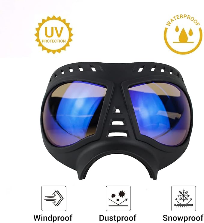 PETLESO Large Dog Goggles Pet Eyes Protection for Medium to Large Breed, Windproof Snowproof UVproof Dog Sunglasses for Outdoor Hiking/Cycling/Driving, Soft Frame Adjustable Straps, Clear Blue Lens