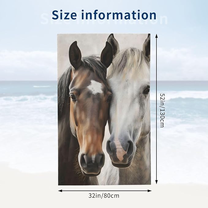 Horse Lovers Beach Towel, 51inx51in, Brown and White, 100% Cotton, Quick Dry, Absorbent, Lightweight, Portable, Fashionable