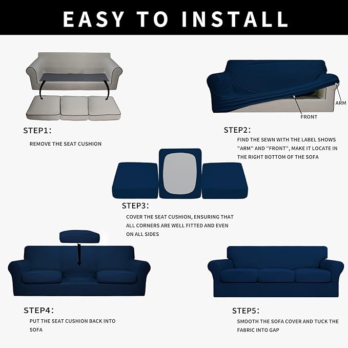 Easy-Going 100% Dual Waterproof 4 Pieces Stretch Soft Couch Cover for Dogs, Sofa Slipcover for 3 Separate Cushion Couch Leakproof Furniture Protector for Kids, Pets Navy