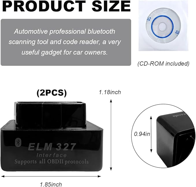2 PCS OBDII Car Auto Diagnostic Scanner, ELM327 Automotive Bluetooth Scan Tool and Code Reader, Professional Car Bluetooth Engine Fault Code Reader, Universal Car Accessories (Black)